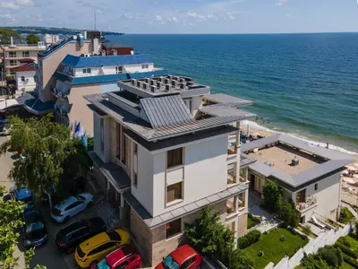 an aerial view of a building next to the ocean at Paraiso Theopolis - All Inclusive in Obzor