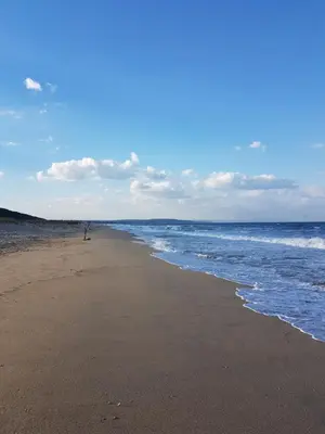 a beach with a person walking on the beach at Atanasovi House in Shkorpilovtsi