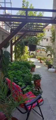 a patio with a chair in a garden with plants at Kraybrezhna 3 in Pomorie