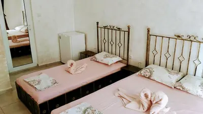 two twin beds in a room with a mirror at Dracena Guesthouse in Ravda