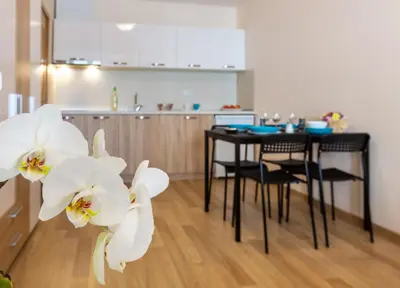 a kitchen with a table and chairs with white orchids at Apartments Flora in Burgas City