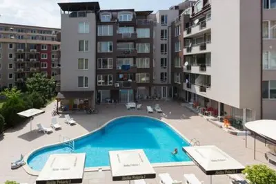an overhead view of a swimming pool in a building at Santa Sofia Studio in Sunny Beach