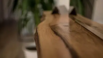 a close up of a wooden bench in a room at The Mint Villa - Saint Vlas in Sveti Vlas