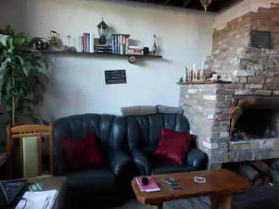 a black leather couch in a living room with a fireplace at Aleksandrovo Apartments in Aleksandrovo