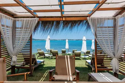 a group of chairs and umbrellas on the beach at Apartments DreamBG in Sozopol