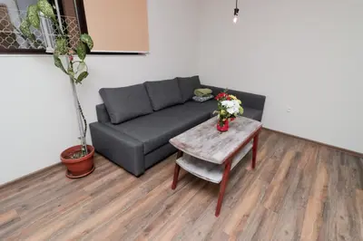 a living room with a couch and a table with flowers at Sea Crib Apartment in Varna City