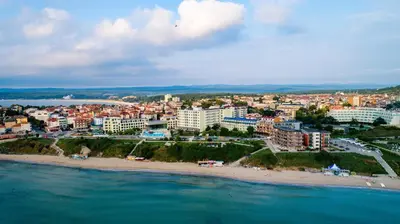 an aerial view of a beach and a city at Hotel Perla Beach Luxury - All Inclusive & Free Beach Access in Primorsko
