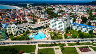 an aerial view of a city with a swimming pool at Hotel Perla Beach Luxury - All Inclusive & Free Beach Access in Primorsko