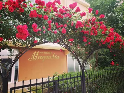 a sign for a hotel margarita with red roses at Family Hotel Magnolia, Sunny Beach in Sunny Beach