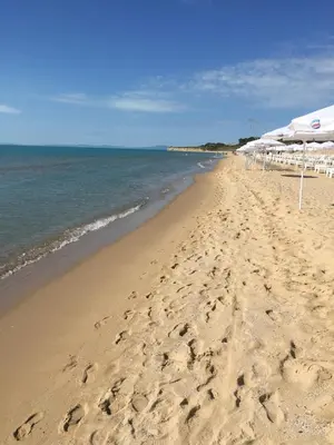 a sandy beach with umbrellas and the ocean at Edmond Apartment-Highspeed-Internet-Free! in Aheloy