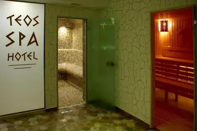 a bathroom with a green door and a shower at Family Hotel Teos in Kiten