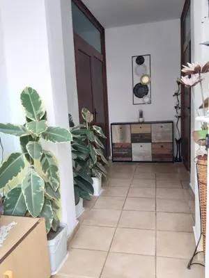a hallway with potted plants and a wooden door at Kyshta za Gosti Dari Rumi 1 in Sozopol