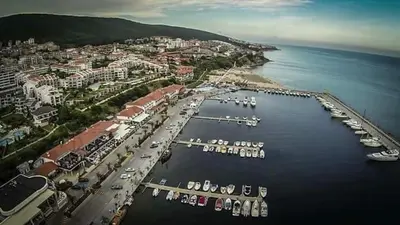 an aerial view of a harbor with boats in the water at Tanja in Sveti Vlas