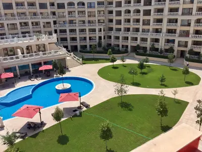 an aerial view of a large apartment complex with a large pool at PSB Apartments in South Bay Varna in Varna City