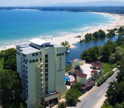 an aerial view of a hotel and the beach at Perla Sun Beach Hotel - All Inclusive in Primorsko
