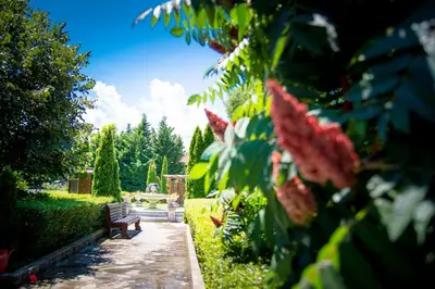 a park with a bench and some bushes and trees at Arkutino Family Resort in Sozopol