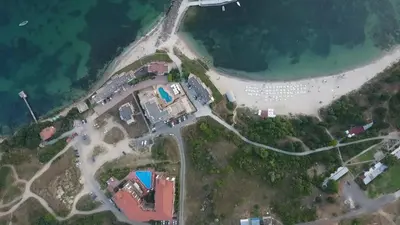 an aerial view of a house on a beach at Akrotiria Beach Apart Complex in Nesebar