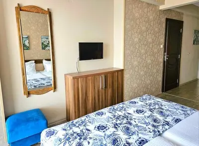 a bedroom with a bed and a tv and a mirror at Villa Magnolia in Sozopol