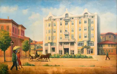 a painting of a building with a horse drawn carriage at Grand Hotel London in Varna City