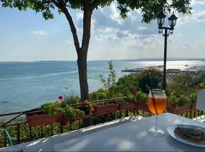 a glass of wine sitting on a table overlooking the ocean at Dolce Vita Apartment in Sveti Vlas