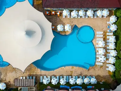 an overhead view of a building with a blue bear at MPM Astoria Hotel - Ultra All Inclusive in Sunny Beach