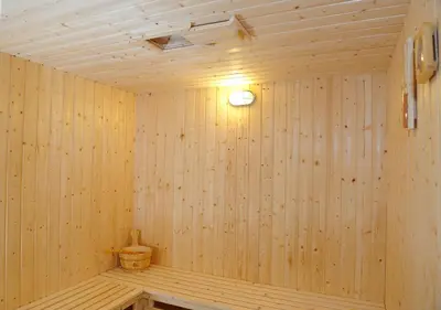 a wooden sauna with a light on the wall at Hotel Iris in Nesebar