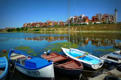 a group of boats docked in a harbor with buildings at Relax studio by the sea, Bulgaria,Nesebar,Aheloy in Aheloy