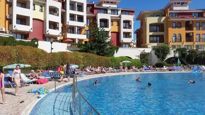 a group of people in a swimming pool at a resort at Relax studio by the sea, Bulgaria,Nesebar,Aheloy in Aheloy