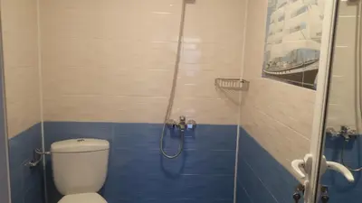 a bathroom with a shower with a toilet in it at Blue House in Tsarevo
