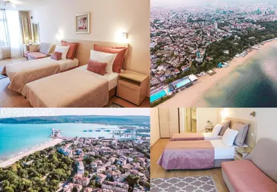 a collage of pictures of a hotel room with two beds at Hotel Acropolis in Varna City