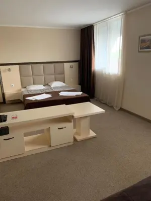 a room with a bed and a desk in it at Kamenec Hotel in Nesebar