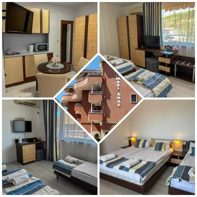 a collage of four pictures of a hotel room at Marianas Guesthouse in Obzor