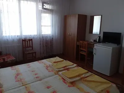 a room with a bed and a desk and a television at Стаи за гости Петрови in Primorsko