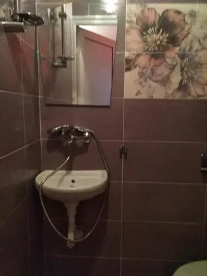 a bathroom with a sink and a mirror at Studio Ekzarh in Varna City