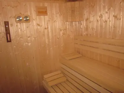 a sauna with wood paneled walls and a wooden floor at Hotel Elica in Varna City