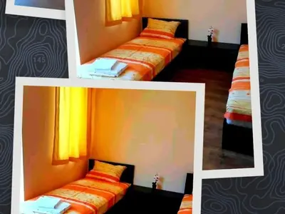 two pictures of a room with two beds in it at Къща за гости Вълчеви Несебър in Nesebar