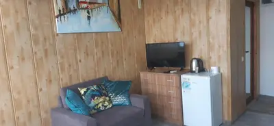 a living room with a couch and a television at Happy beach in Varna City