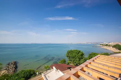 a view of the ocean from a building at Villa Tuna in Sveti Vlas