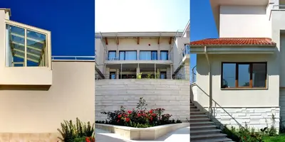 two pictures of a house and a building at Sun Village Family Houses in Byala