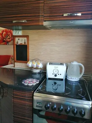 a kitchen with a stove with a tea pot on it at Apartament Peyo Yavorov in Burgas City