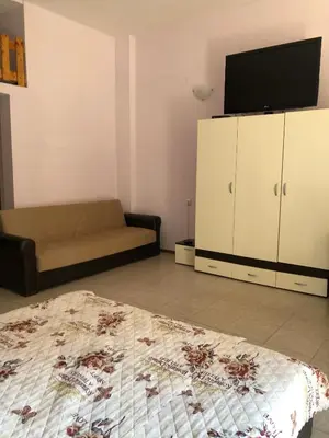 a living room with a couch and a tv and a bed at Dunav Str. in Ravda