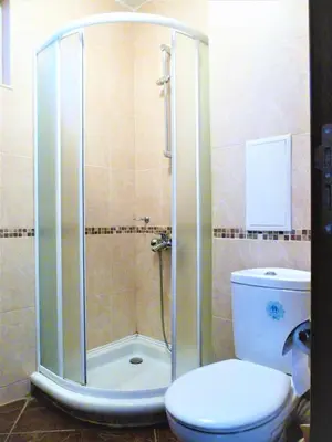 a bathroom with a shower with a toilet and a sink at Apartment Lozenets in Lozenets