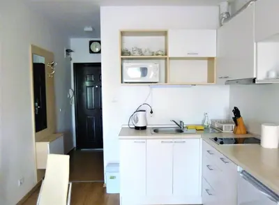 a white kitchen with a sink and a microwave at Apartment Lozenets in Lozenets
