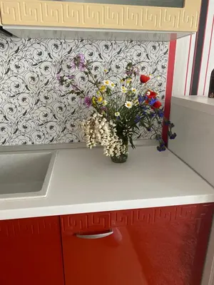 a vase of flowers sitting on top of a kitchen counter at Квартира у моря in Pomorie