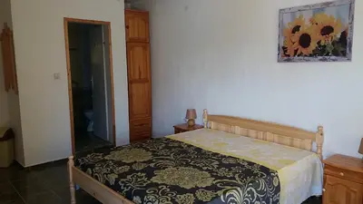 a bedroom with a bed and a painting on the wall at Vila Riviera in Chernomorets