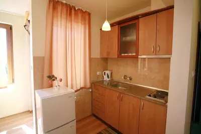 a small kitchen with wooden cabinets and a white refrigerator at Family Hotel Denica in Obzor