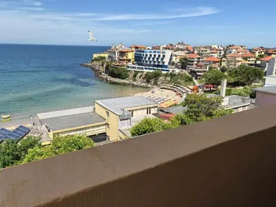 a bird flying over a city and the ocean at Family Hotel Alfa Vita in Sozopol