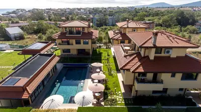 an aerial view of a house with a swimming pool at Villa EM in Lozenets