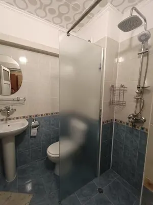 a bathroom with a shower and a toilet and a sink at Guest house Marina in Obzor
