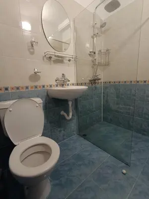 a bathroom with a toilet and a sink and a shower at Guest house Marina in Obzor